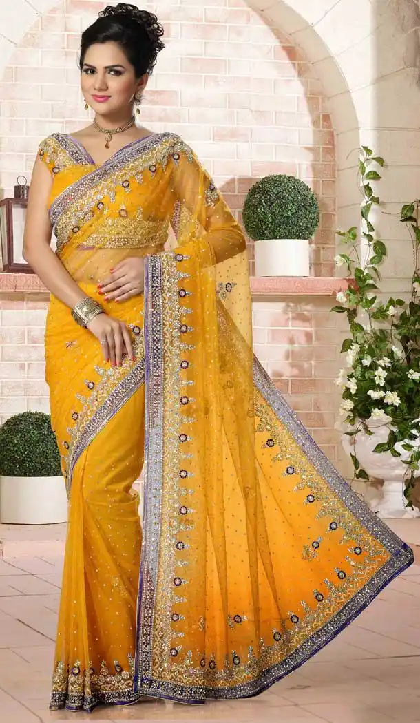 Yellow Color Net Designer Bridal Fully Hand Worked Saree Blouse - 558769703