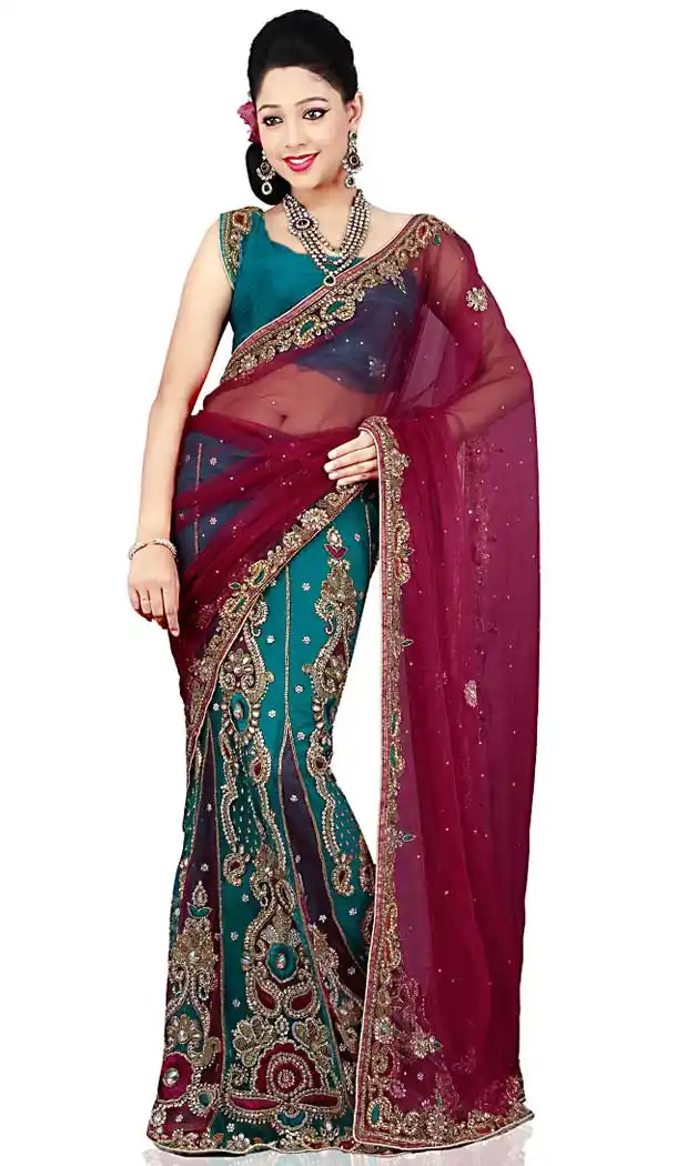 Maroon And Steel Green Color Net And velvert Designer Bridal Fully Hand Worked Saree Blouse - 558769709