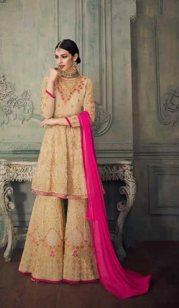 Beige Color Real Georgette Designer Pakistani Sharara Salwar Kameez - 562170092