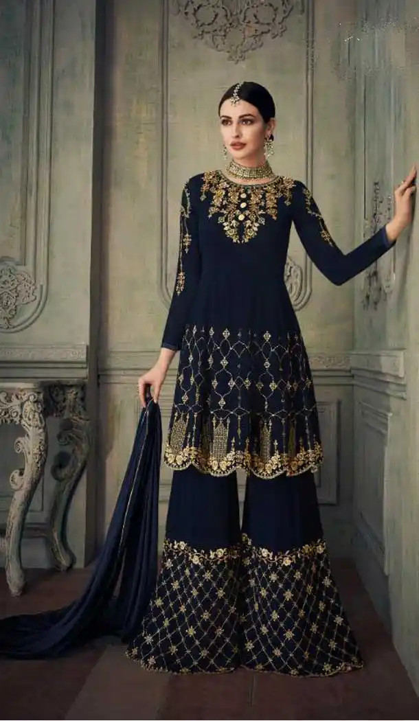 Navy Blue Color Real Georgette Designer Pakistani Sharara Salwar Kameez - 562170093