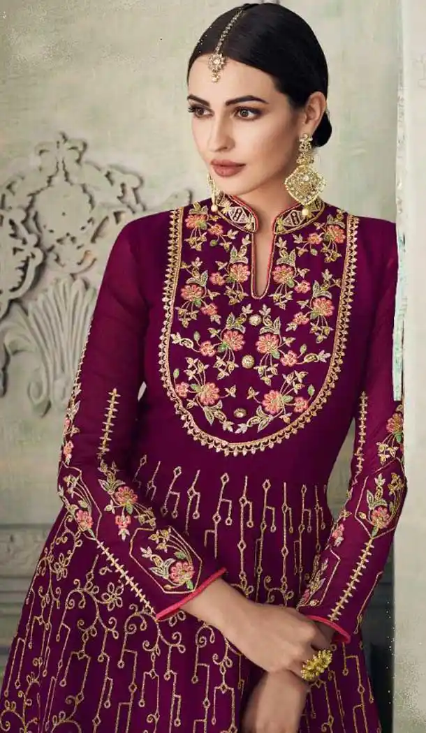 Purple Color Real Georgette Designer Pakistani Sharara Salwar Kameez - 562170094
