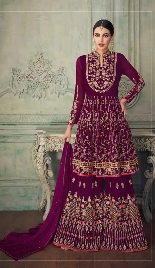 Purple Color Real Georgette Designer Pakistani Sharara Salwar Kameez - 562170094