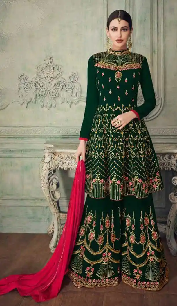 Green Color Real Georgette Designer Pakistani Sharara Salwar Kameez - 562170095