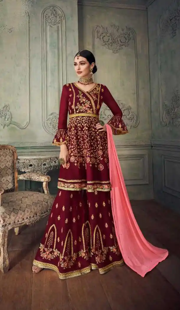 Maroon Color Real Georgette Designer Pakistani Sharara Salwar Kameez - 562170096