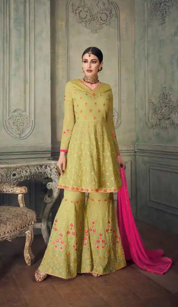 Olive Color Real Georgette Designer Pakistani Sharara Salwar Kameez - 562170097