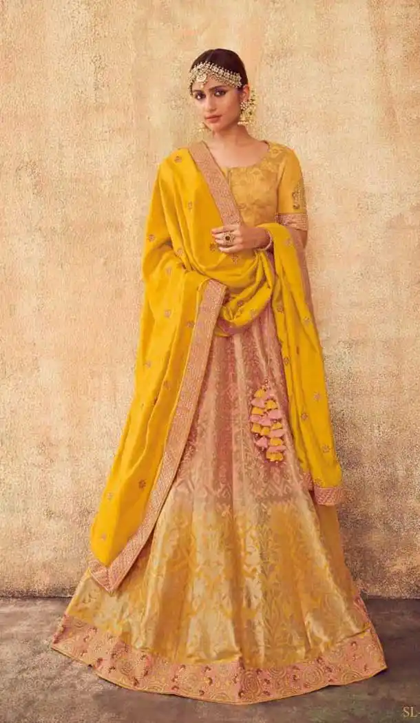 Yellow Color Pure Tussar Silk Designer Sangeet Ceremony Lehenga Choli - 562370111