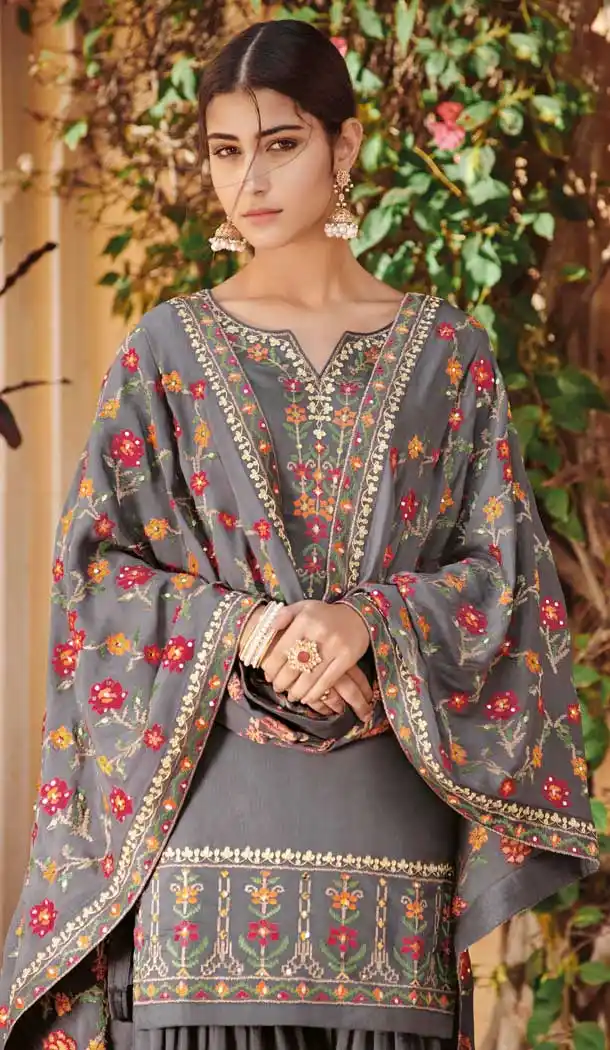 Grey Color Ora Silk Festive Wear Palazzo Salwar Suit - 564870634