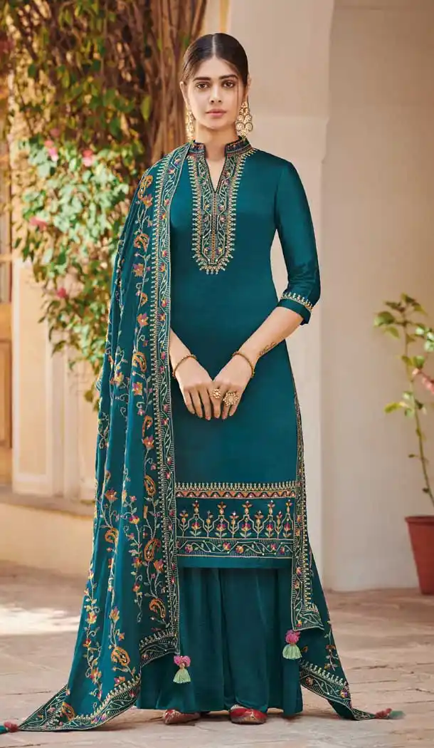 Sea Green Color Ora Silk Festive Wear Palazzo Salwar Suit - 564870637
