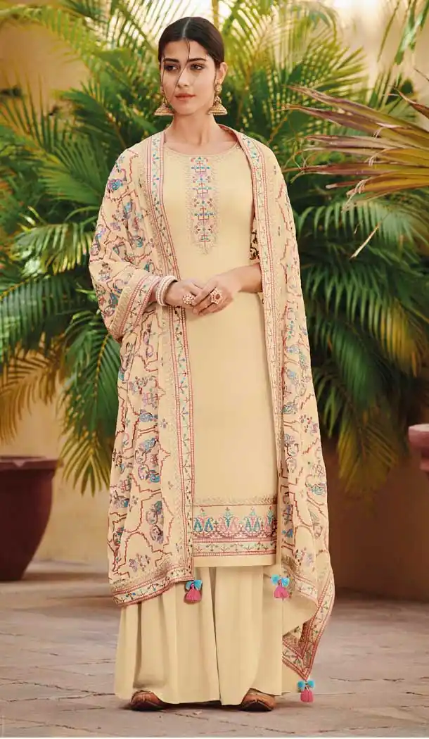 Cream Color Ora Silk Festive Wear Palazzo Salwar Suit - 564870638