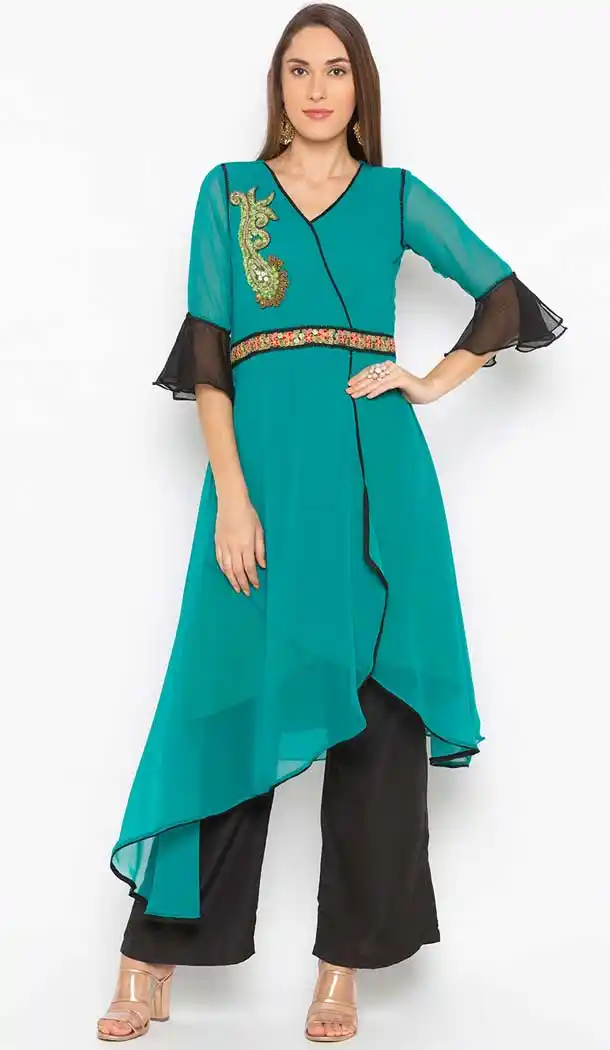 Turquoise Green Color Georgette Designer Plus Size Readymade Kurti - 568771002