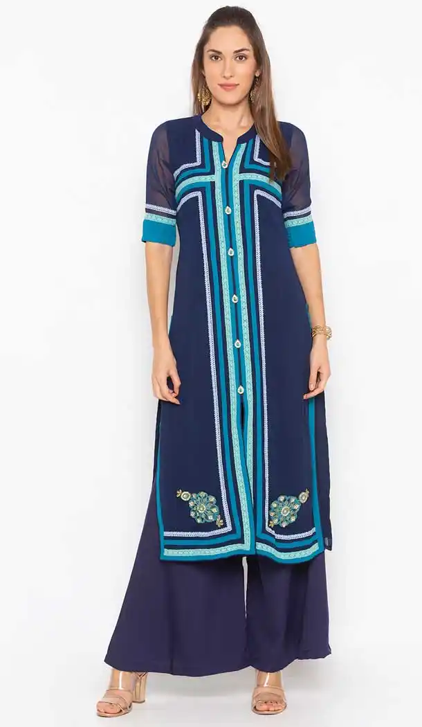 Navy Blue Color Georgette Designer Plus Size Readymade Kurti - 568771004