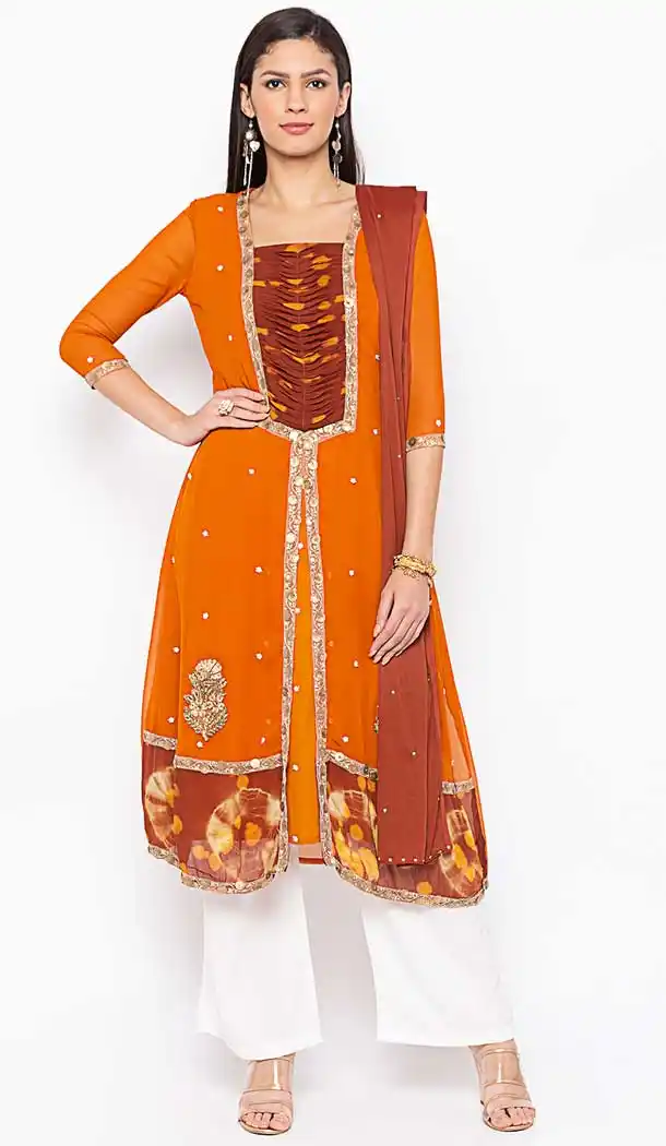 Orange Color Georgette Designer Plus Size Readymade Dress - 568871008