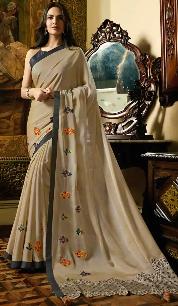 Beige Color Silk Georgette Bollywood Celebrity Nargis Fakhri Saree - 564770623