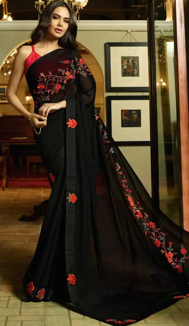 Black Color Georgette Bollywood Celebrity Nargis Fakhri Saree - 564770627