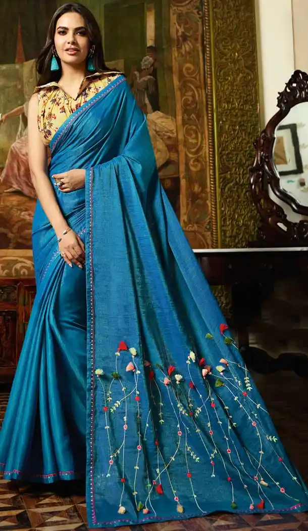 Blue Color Vichitra Silk Bollywood Celebrity Nargis Fakhri Saree - 564770628