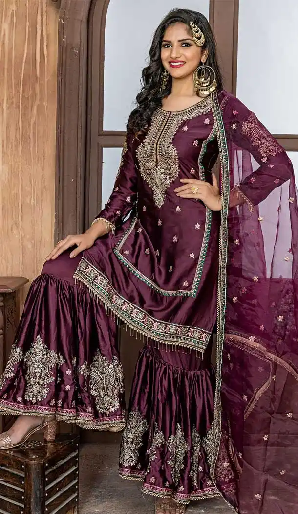 Purple Color Malai Satin Heavy Designer Party Wear Sharara Suit - 565870761