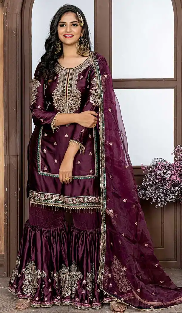 Purple Color Malai Satin Heavy Designer Party Wear Sharara Suit - 565870761