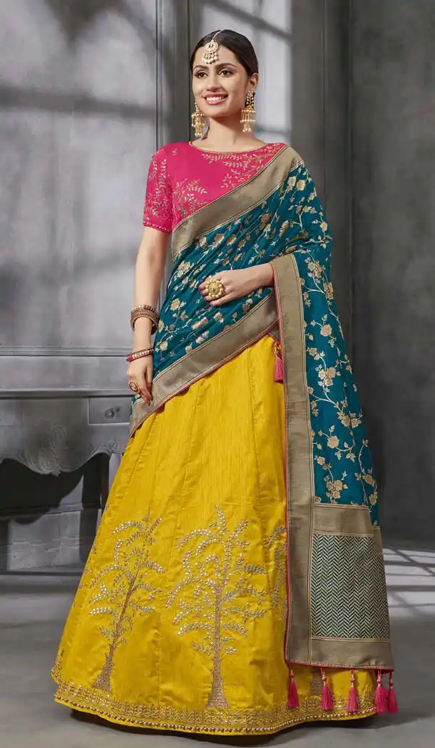 Yellow And Pink Color Designer Mehendi and Sangeet Lehenga Choli - 411160969