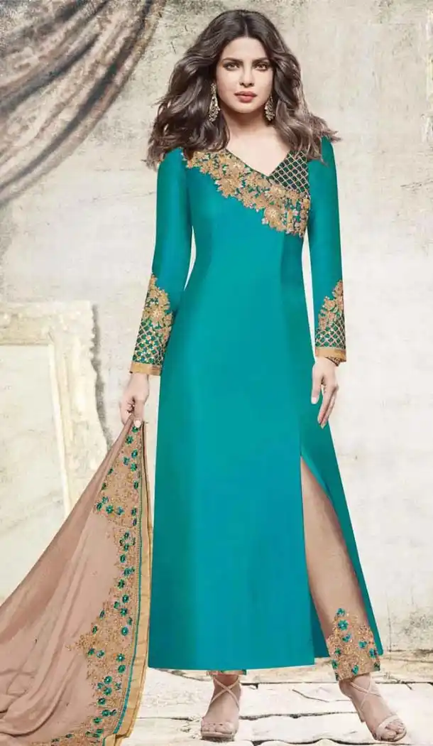 Firozi Color Georgette Bollywood Celebrity Priyanka Chopra Salwar Kameez - 406560622