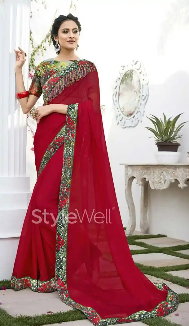 Red Color Chiffon Digital Printed Office Wear Casual Saree Blouse - 410960946