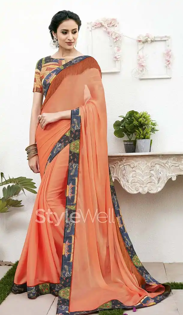 Orange Color Chiffon Digital Printed Office Wear Casual Saree Blouse - 410960947