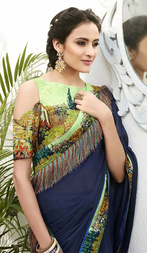 Navy Blue Color Chiffon Digital Printed Office Wear Casual Saree Blouse - 410960949