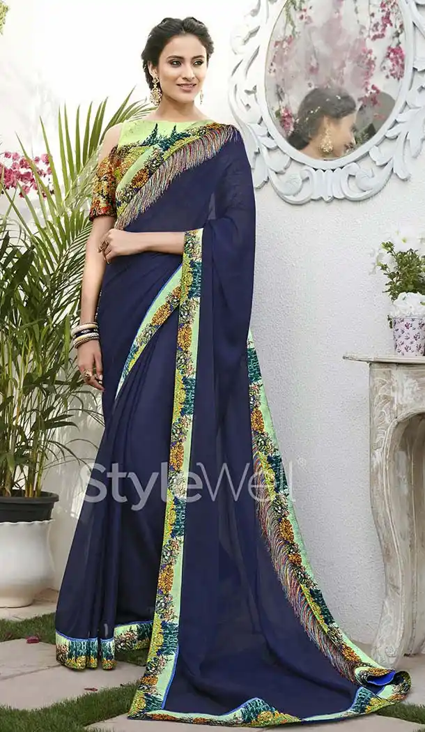 Navy Blue Color Chiffon Digital Printed Office Wear Casual Saree Blouse - 410960949