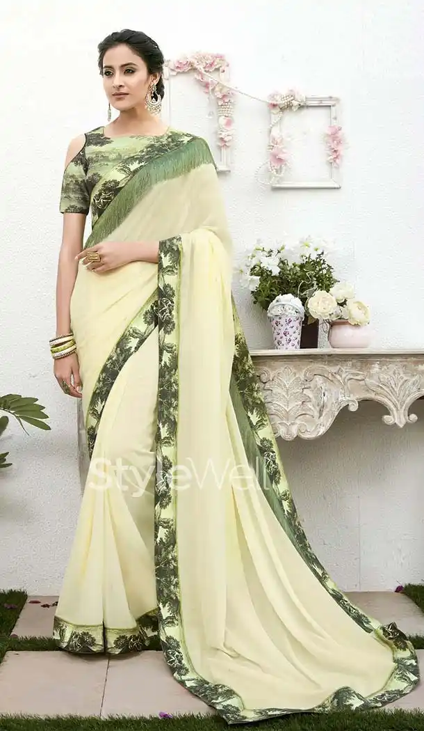 Lemon Color Chiffon Digital Printed Office Wear Casual Saree Blouse - 410960950