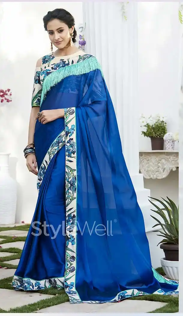 Blue Color Chiffon Digital Printed Office Wear Casual Saree Blouse - 410960952