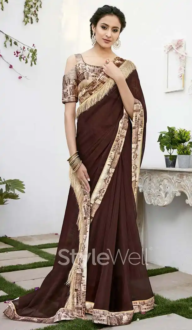 Brown Color Chiffon Digital Printed Office Wear Casual Saree Blouse - 410960955