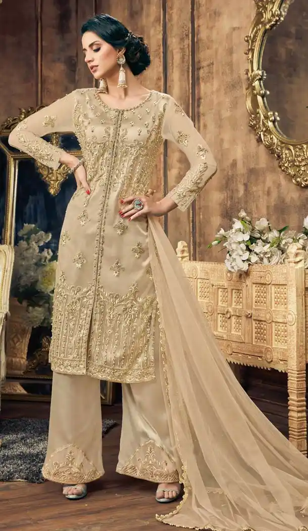 Attractive Beige Color Net Heavy Embroidery Palazzo Salwar Suit - 568070946