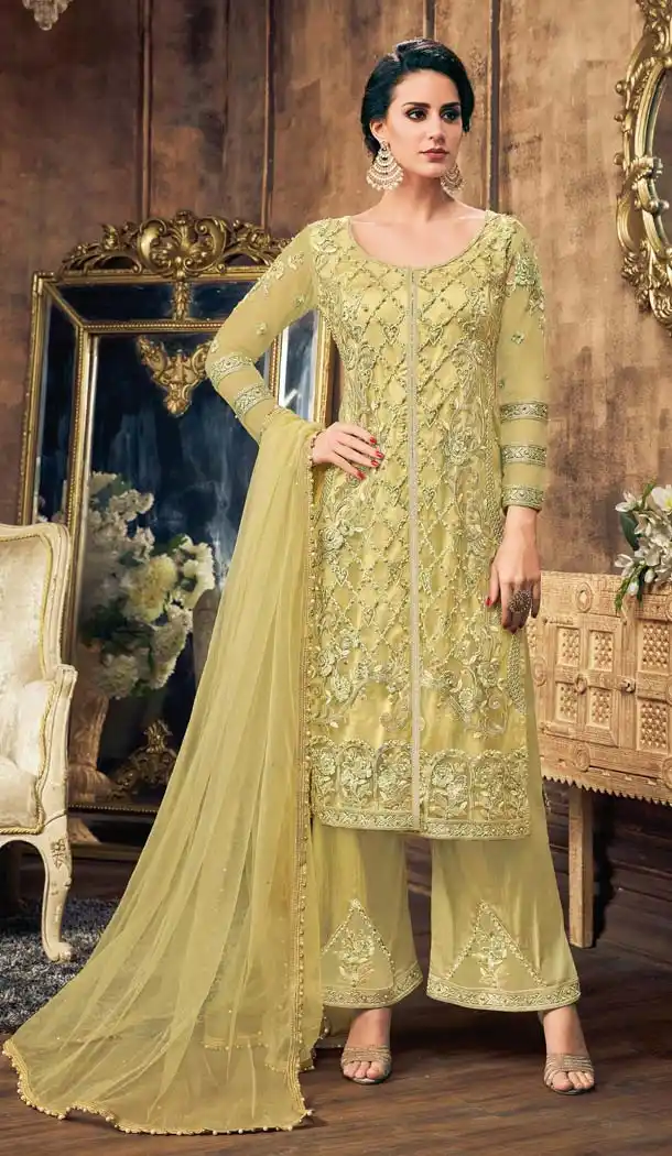 Yellow Color Net Heavy Embroidery Palazzo Salwar Suit - 568070947