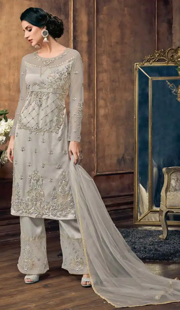 Grey Color Net Heavy Embroidery Palazzo Salwar Suit - 568070948