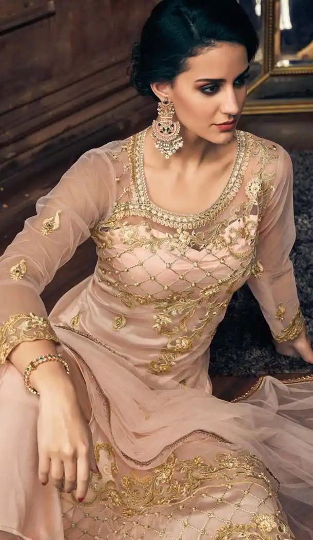 Vivacious Cream Color Net Heavy Embroidery Palazzo Salwar Suit - 568070949