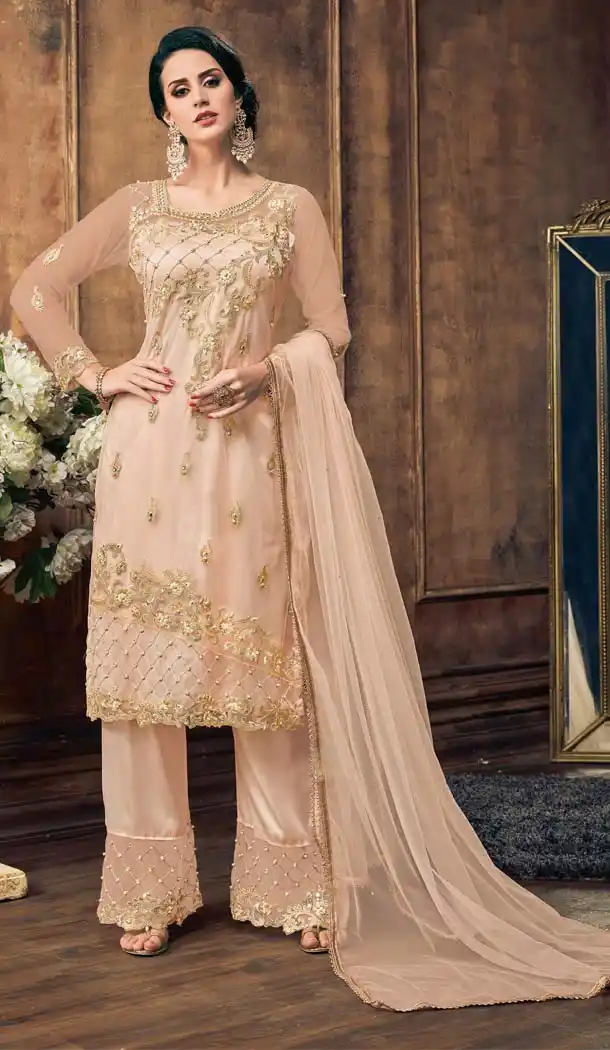Vivacious Cream Color Net Heavy Embroidery Palazzo Salwar Suit - 568070949