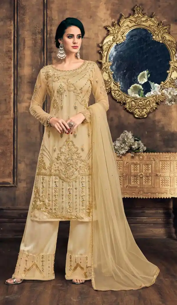 Golden Color Net Heavy Embroidery Palazzo Salwar Suit - 568070951