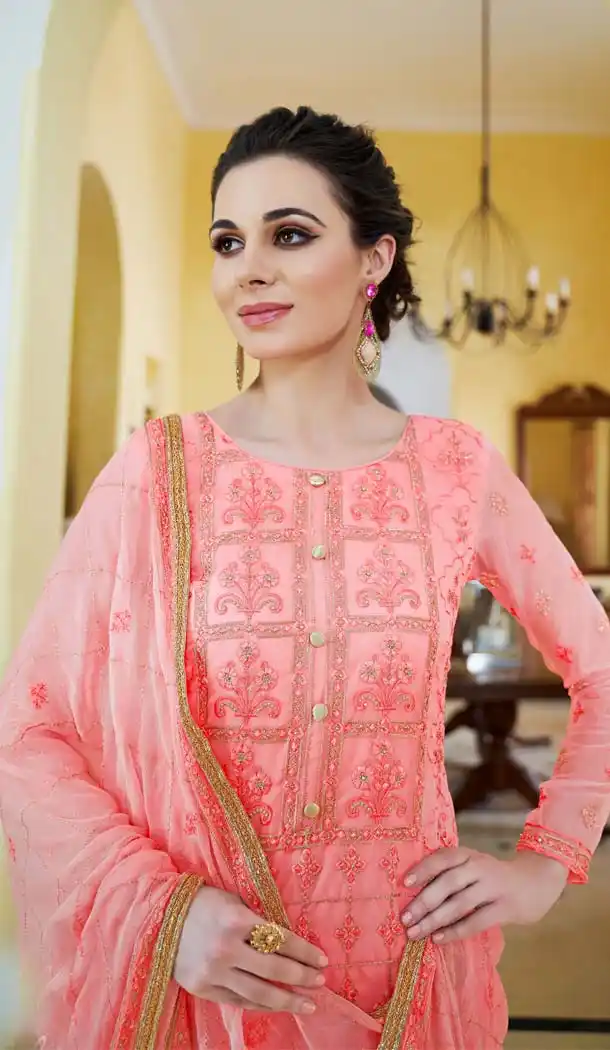 Pink Color Organza Embroidery Pakistani Palazzo Salwar Suit - 573871446