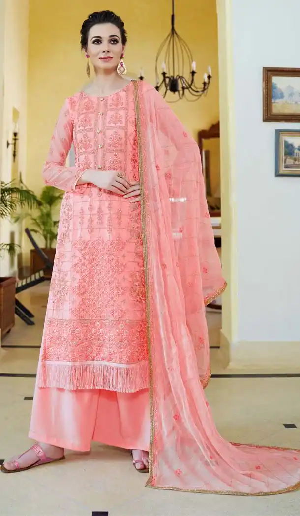 Pink Color Organza Embroidery Pakistani Palazzo Salwar Suit - 573871446