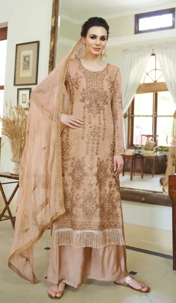 Adorable Beige Color Organza Embroidery Pakistani Palazzo Salwar Suit - 573871450