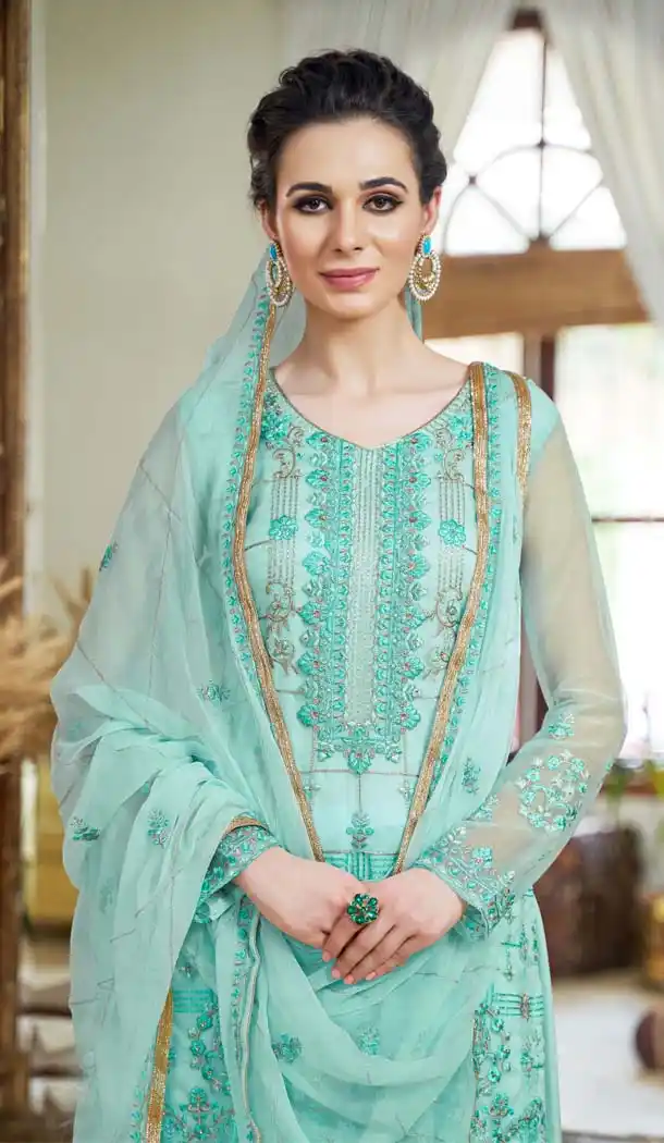 Fancy Aqua Color Organza Embroidery Pakistani Palazzo Salwar Suit - 573871451