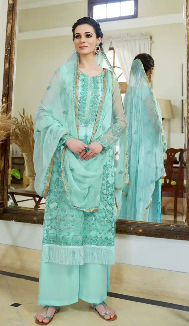 Fancy Aqua Color Organza Embroidery Pakistani Palazzo Salwar Suit - 573871451
