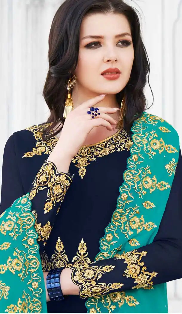 Navy Blue Color Soft Georgette Designer Long Anarkali Suit - 573971455