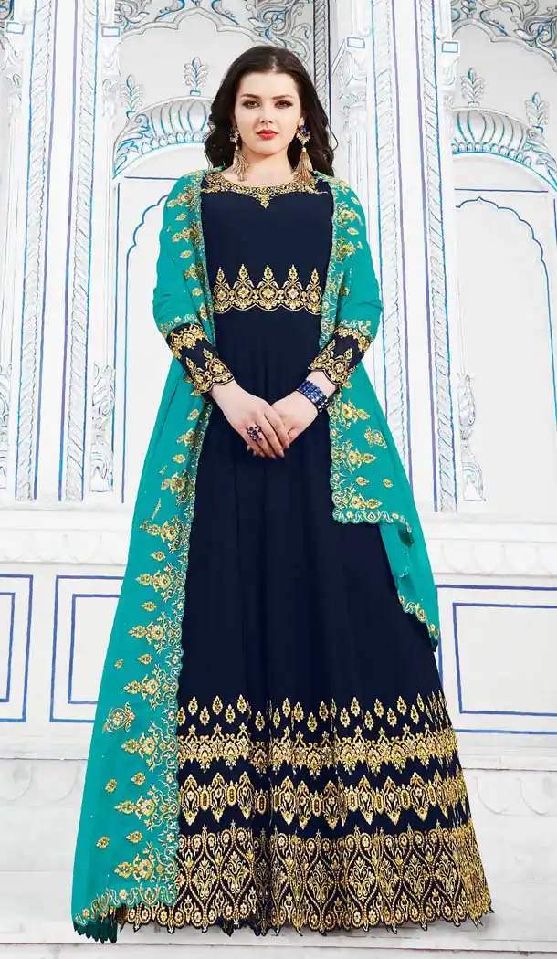 Navy Blue Color Soft Georgette Designer Long Anarkali Suit - 573971455