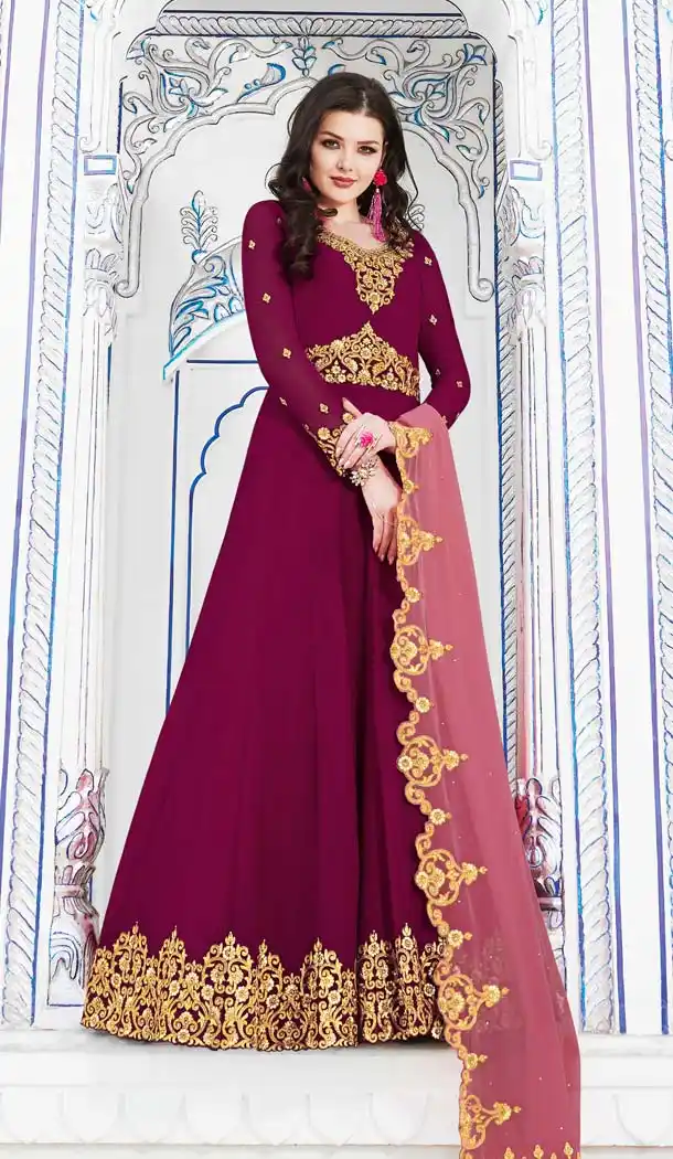Marvelous Wine Color Soft Georgette Designer Long Anarkali Suit - 573971459
