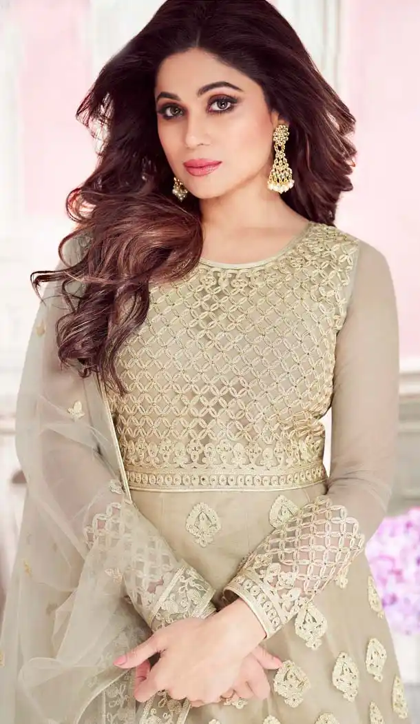 Beige Color Butterfly Net Designer Long Anarkali Churidar Salwar Suit - 574471486