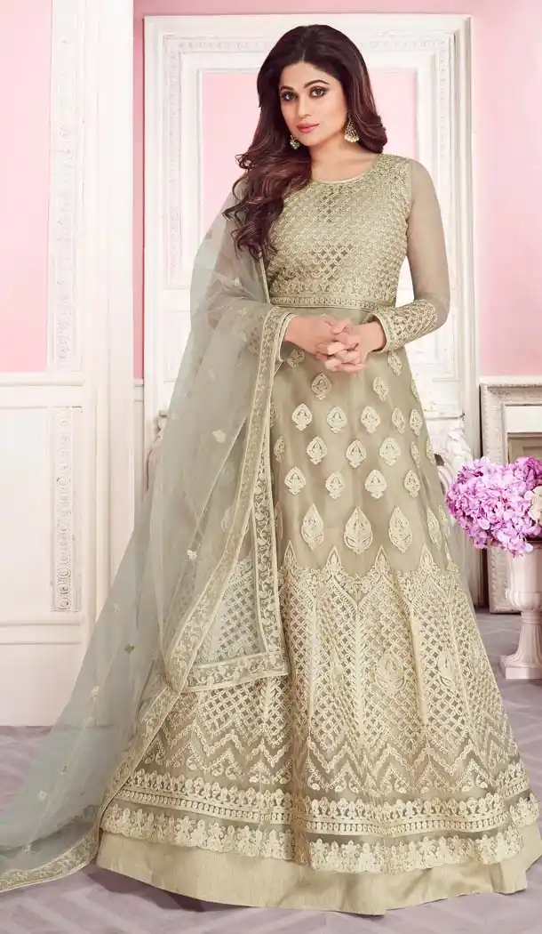 Beige Color Butterfly Net Designer Long Anarkali Churidar Salwar Suit - 574471486