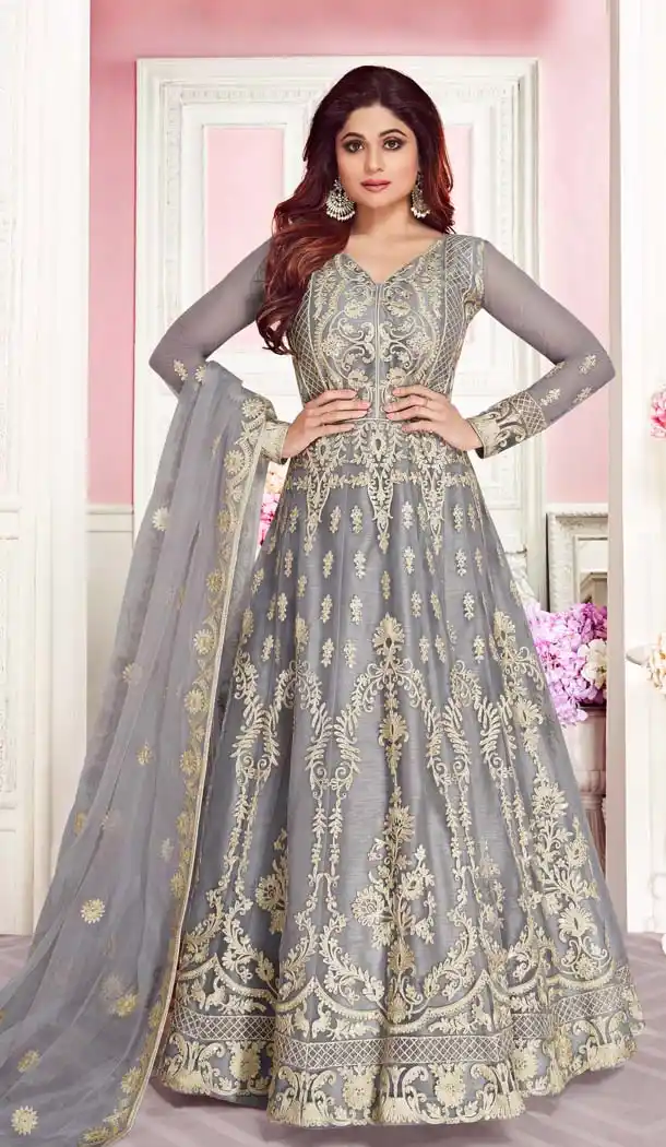 Charming Grey Color Butterfly Net Designer Long Anarkali Churidar Salwar Suit - 574471489