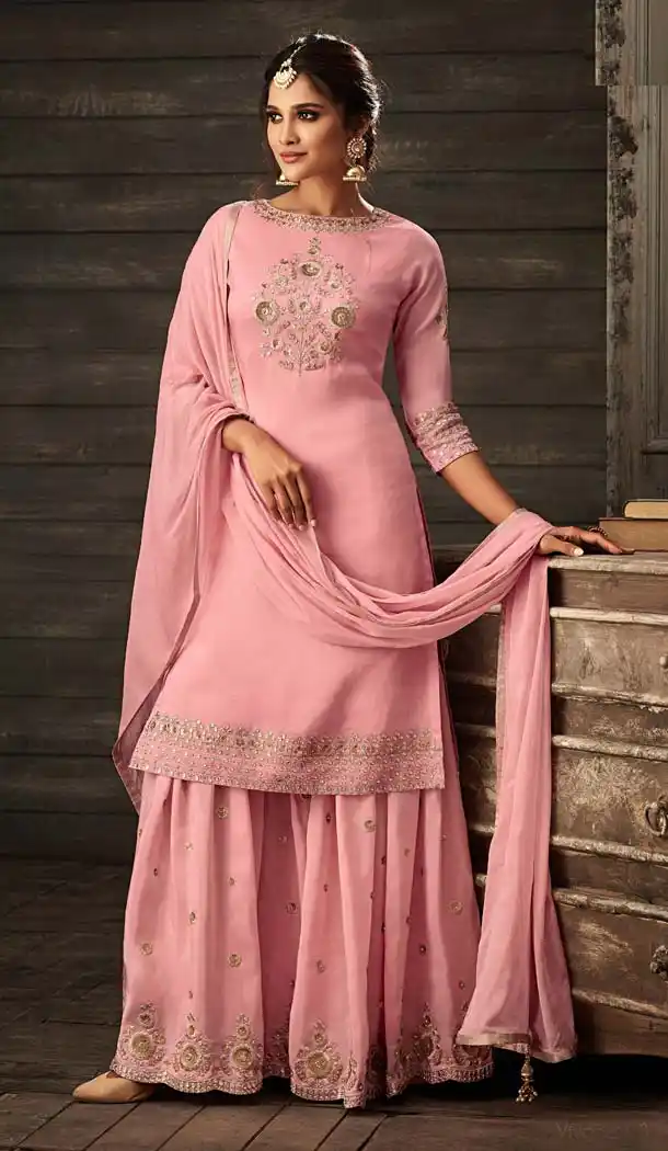 Pretty Pink Color Crepe Designer Sharara Salwar Suit - 575171647