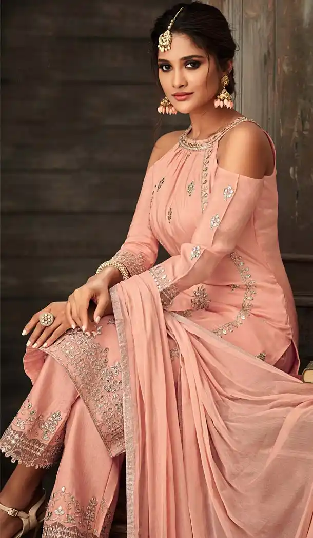 Exotic Peach Color Crepe Designer Sharara Salwar Suit - 575171650