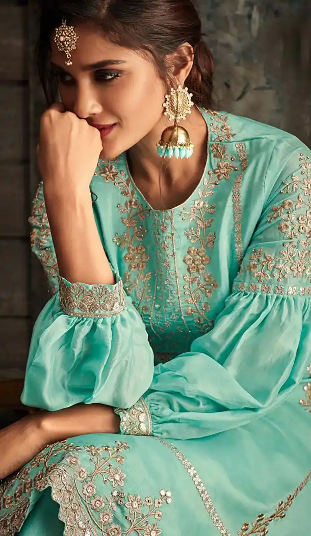 Vivacious Sea Blue Color Crepe Designer Sharara Salwar Suit - 575171652